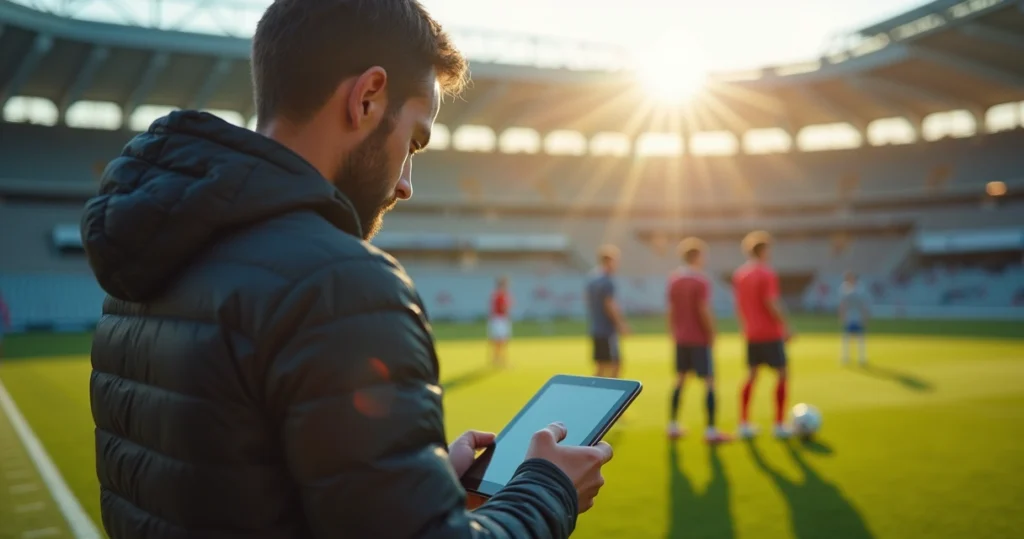 Treinador analisando partidas de futebol base com tablet, jogadores amadores em campo ao fundo