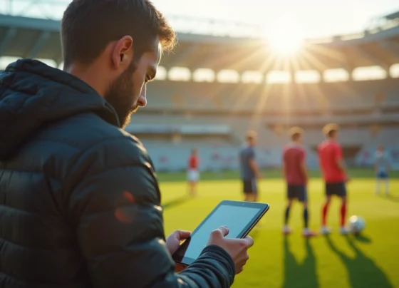 Treinador analisando partidas de futebol base com tablet, jogadores amadores em campo ao fundo
