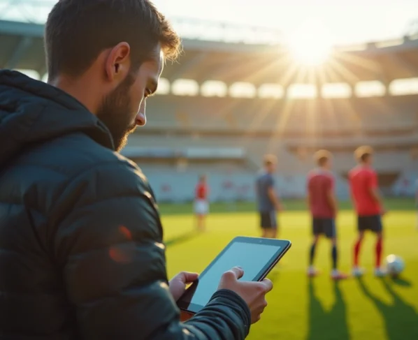 Treinador analisando partidas de futebol base com tablet, jogadores amadores em campo ao fundo
