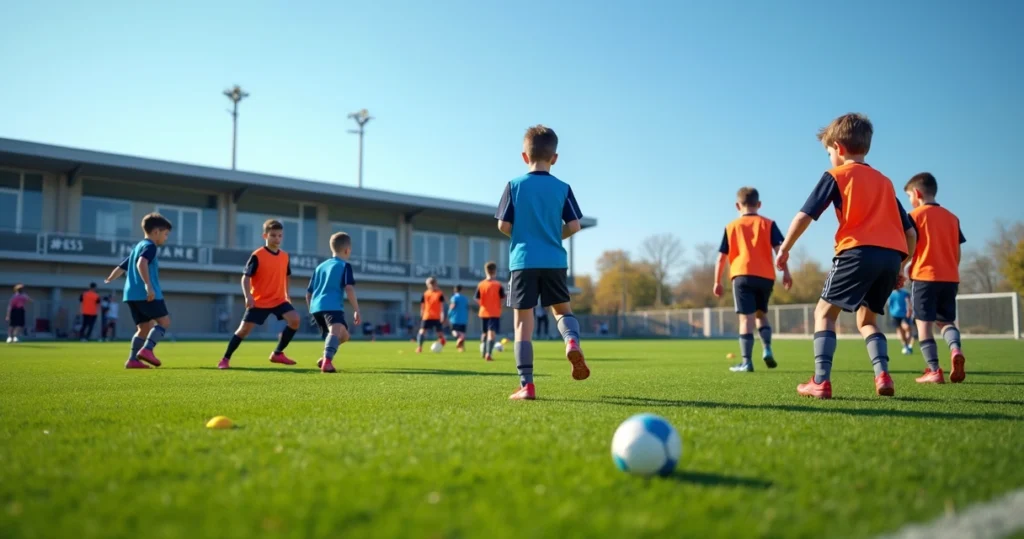 Jovens atletas de futebol em treinamento no campo com treinador e ambiente de clube esportivo