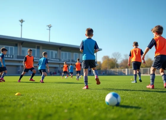 Jovens atletas de futebol em treinamento no campo com treinador e ambiente de clube esportivo