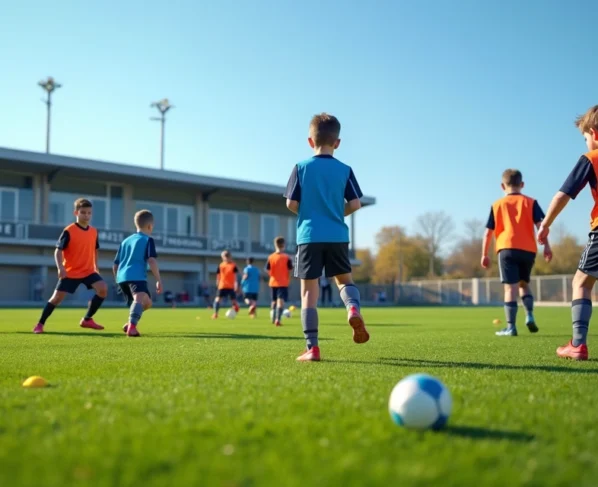 Jovens atletas de futebol em treinamento no campo com treinador e ambiente de clube esportivo
