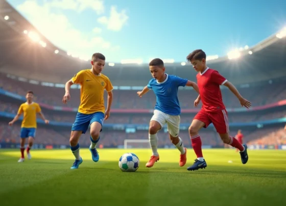 Jovens jogadores de futebol em campo durante partida do campeonato de base com partida durante o dia com público ao fundo