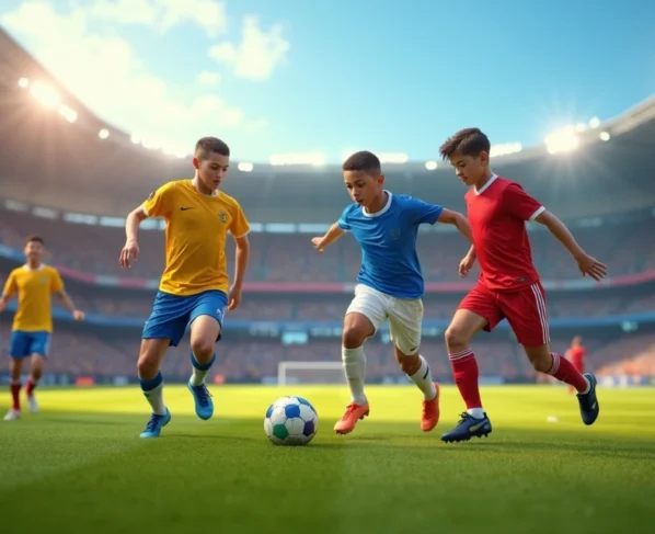 Jovens jogadores de futebol em campo durante partida do campeonato de base com partida durante o dia com público ao fundo