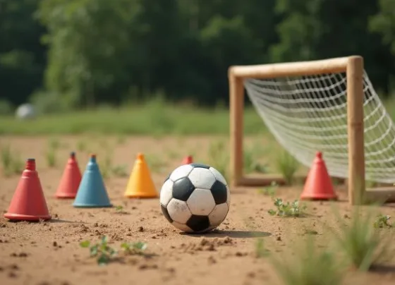 Jovem atleta treinando futebol sozinho em campo aberto com bola e cones