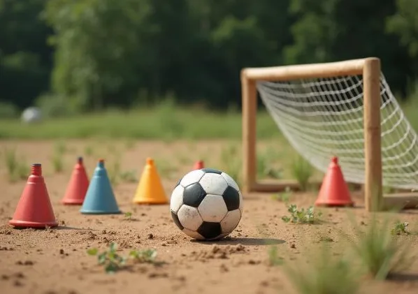 Jovem atleta treinando futebol sozinho em campo aberto com bola e cones