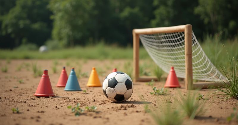 Jovem atleta treinando futebol sozinho em campo aberto com bola e cones
