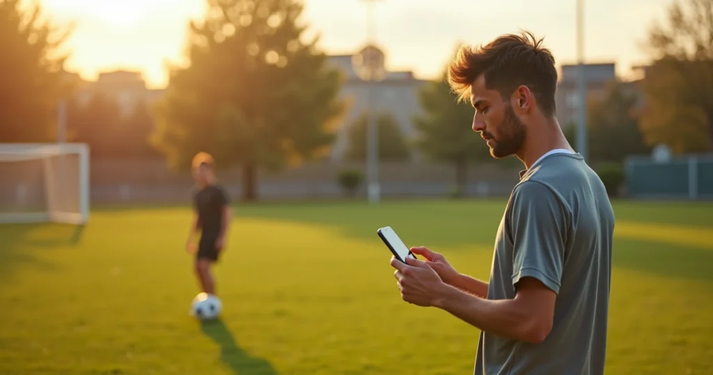 Jovem jogador de futebol gravando vídeo com celular em campo de treino para mostrar habilidade