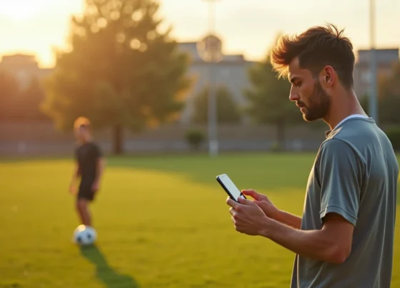 Jovem jogador de futebol gravando vídeo com celular em campo de treino para mostrar habilidade