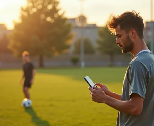 Jovem jogador de futebol gravando vídeo com celular em campo de treino para mostrar habilidade