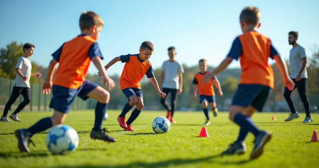 Jogadores jovens praticando exercícios técnicos de futebol em campo gramado durante treino