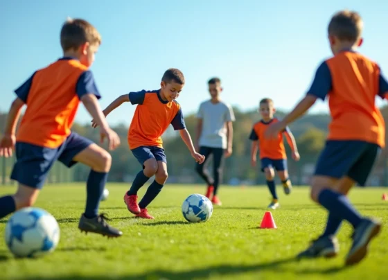 Jogadores jovens praticando exercícios técnicos de futebol em campo gramado durante treino