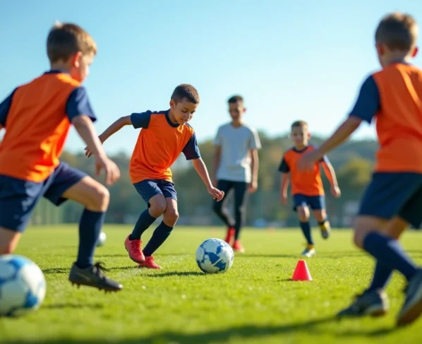 Jogadores jovens praticando exercícios técnicos de futebol em campo gramado durante treino