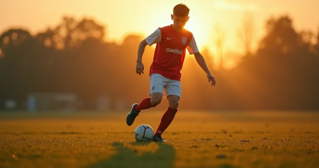 Jovem atleta concentrado treinando futebol em campo gramado, usando uniforme esportivo e chuteiras, ao pôr-do-sol