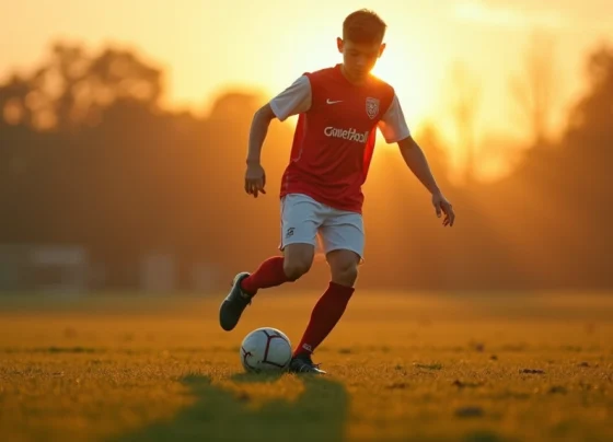 Jovem atleta concentrado treinando futebol em campo gramado, usando uniforme esportivo e chuteiras, ao pôr-do-sol