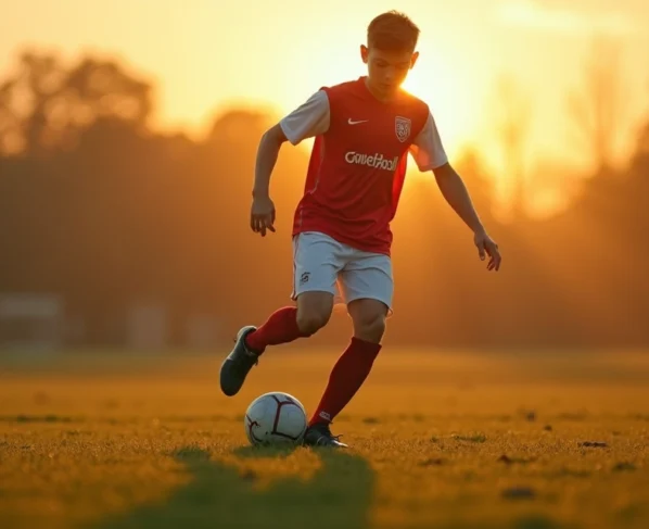 Jovem atleta concentrado treinando futebol em campo gramado, usando uniforme esportivo e chuteiras, ao pôr-do-sol
