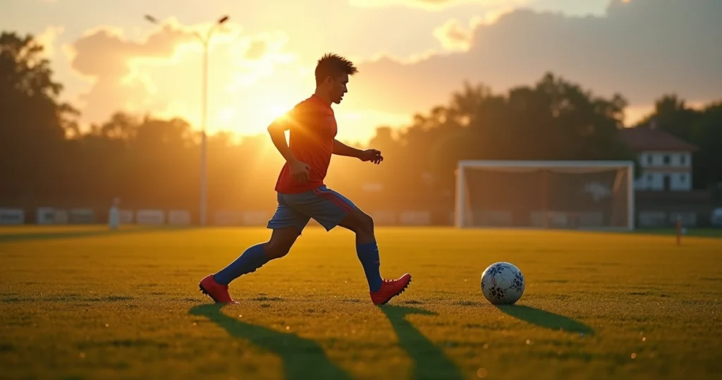 Jogador jovem de futebol treinando em campo gramado durante treino intenso ao entardecer