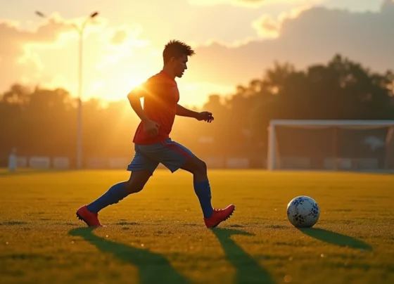 Jogador jovem de futebol treinando em campo gramado durante treino intenso ao entardecer