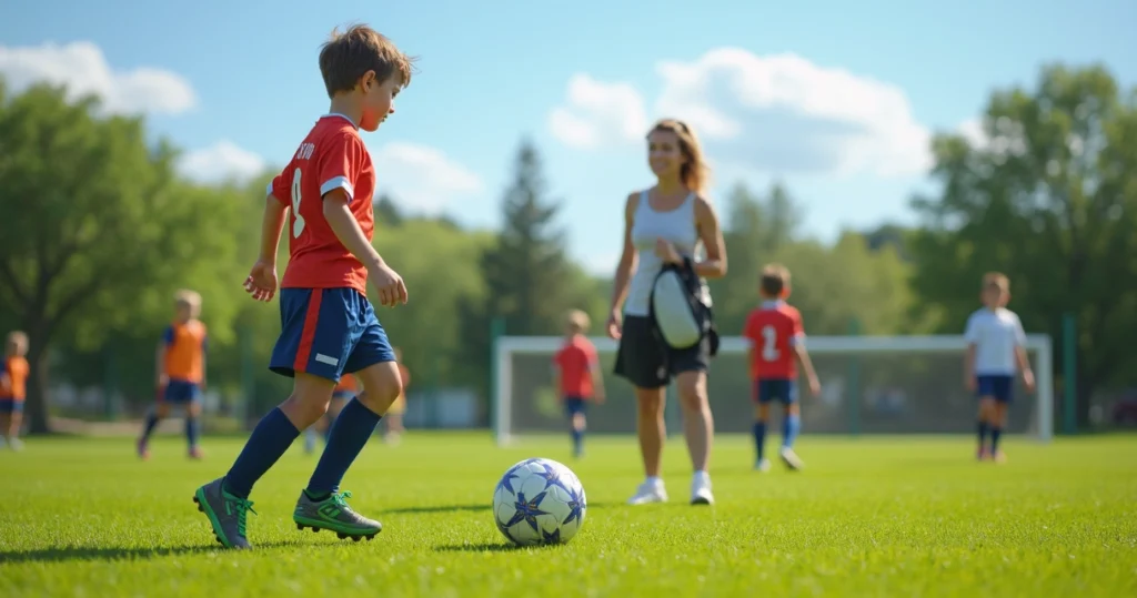 Mãe apoiando jogador jovem durante treino de futebol de base em campo gramado