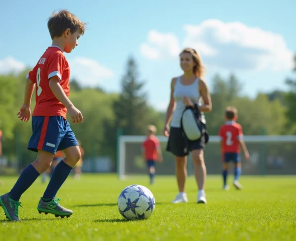 Mãe apoiando jogador jovem durante treino de futebol de base em campo gramado