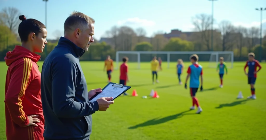 Pais conversando com treinador em campo de futebol durante treino de categoria de base