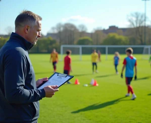 Pais conversando com treinador em campo de futebol durante treino de categoria de base