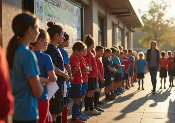 Fila de jogadores aguardando serem chamados para a peneira
