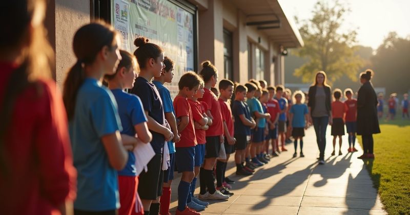 Fila de jogadores aguardando serem chamados para a peneira