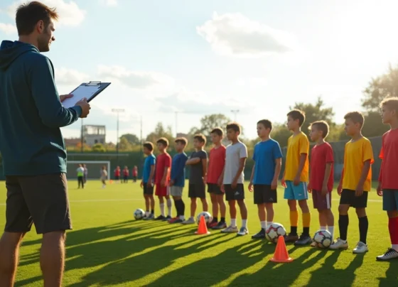Treinador orientando jovens jogadores em campo durante seletiva de futebol amador