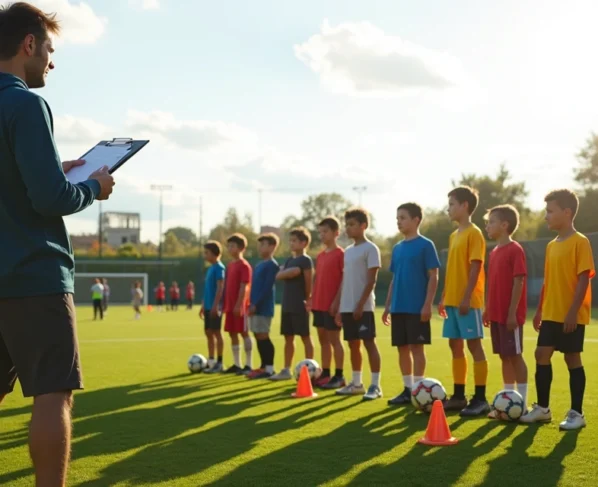Treinador orientando jovens jogadores em campo durante seletiva de futebol amador