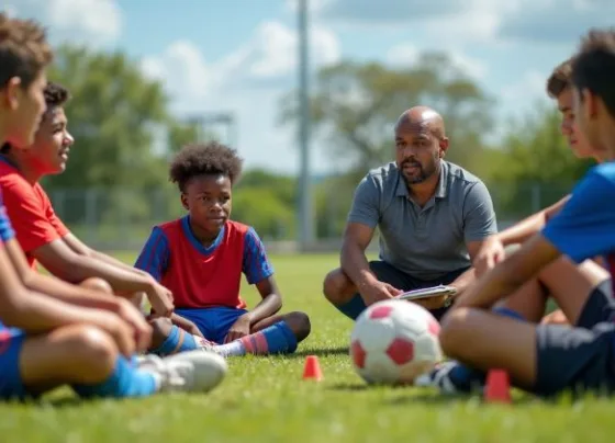 Jogadores conversando com seu treinador e mentor