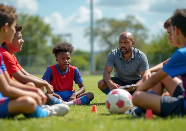Jogadores conversando com seu treinador e mentor