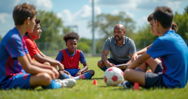 Jogadores conversando com seu treinador e mentor