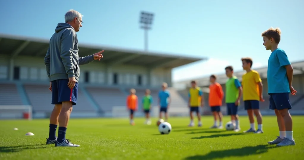Treinador de futebol base orientando jovens atletas no campo durante treino tático