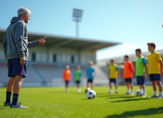 Treinador de futebol base orientando jovens atletas no campo durante treino tático