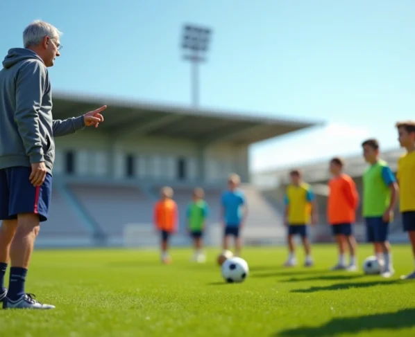Treinador de futebol base orientando jovens atletas no campo durante treino tático