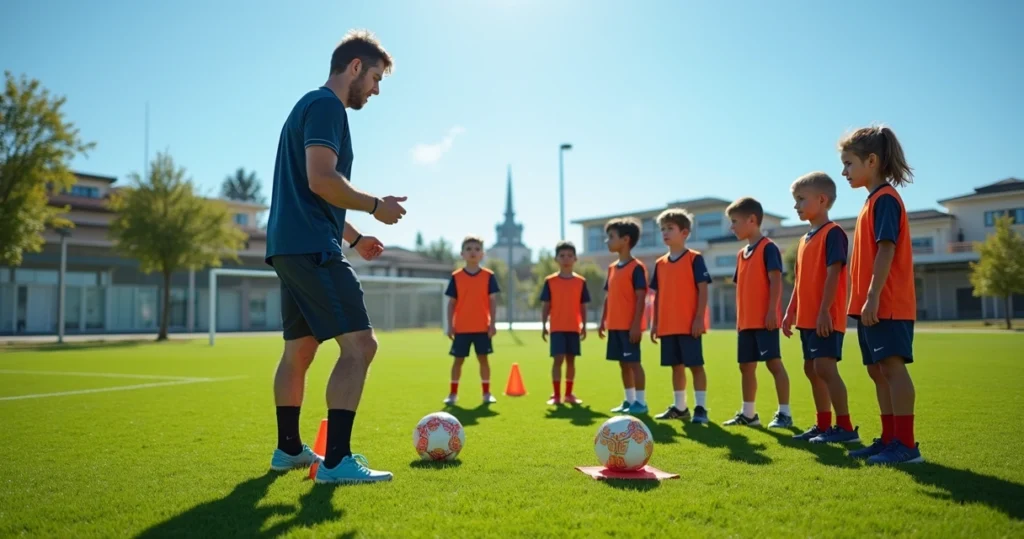 Treinador de futebol orientando jovens atletas durante treino em campo gramado, com cones e bola