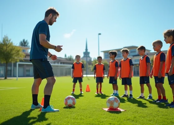 Treinador de futebol orientando jovens atletas durante treino em campo gramado, com cones e bola