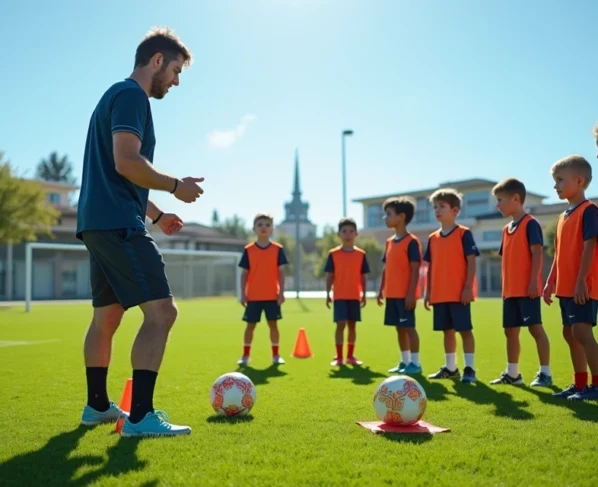 Treinador de futebol orientando jovens atletas durante treino em campo gramado, com cones e bola