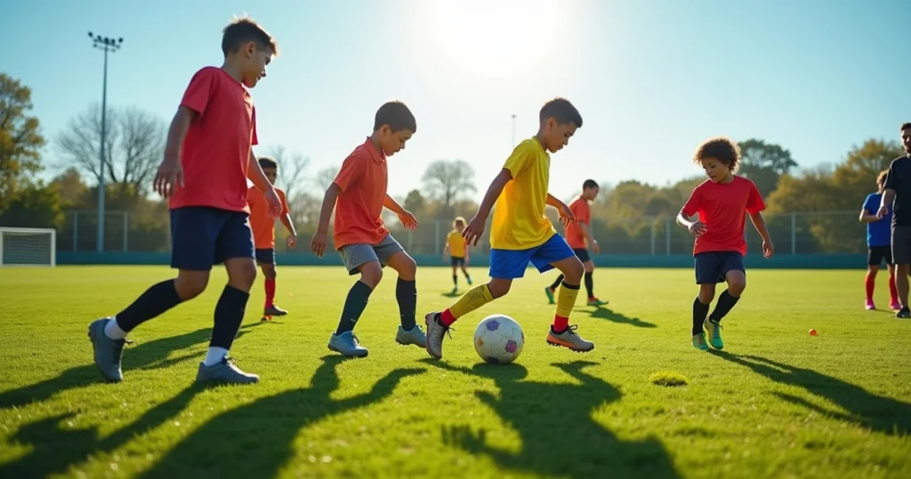 Jovens atletas treinando em campo de futebol com técnico orientando durante treino de categoria de base