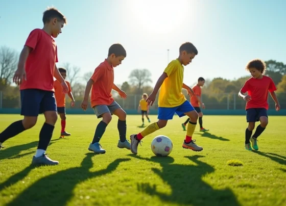 Jovens atletas treinando em campo de futebol com técnico orientando durante treino de categoria de base