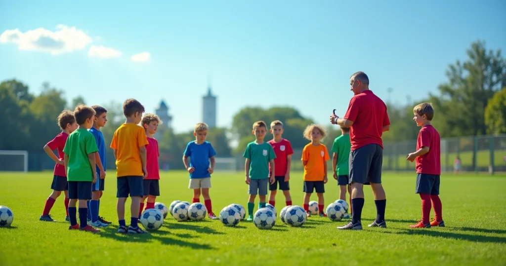 Crianças treinando futebol em campo gramado com treinador orientando e bolas espalhadas pelo chão