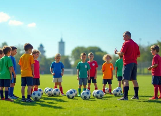 Crianças treinando futebol em campo gramado com treinador orientando e bolas espalhadas pelo chão
