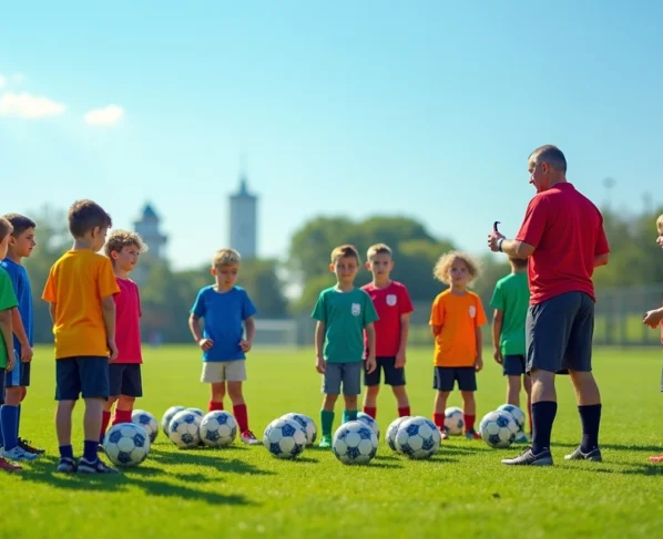 Crianças treinando futebol em campo gramado com treinador orientando e bolas espalhadas pelo chão